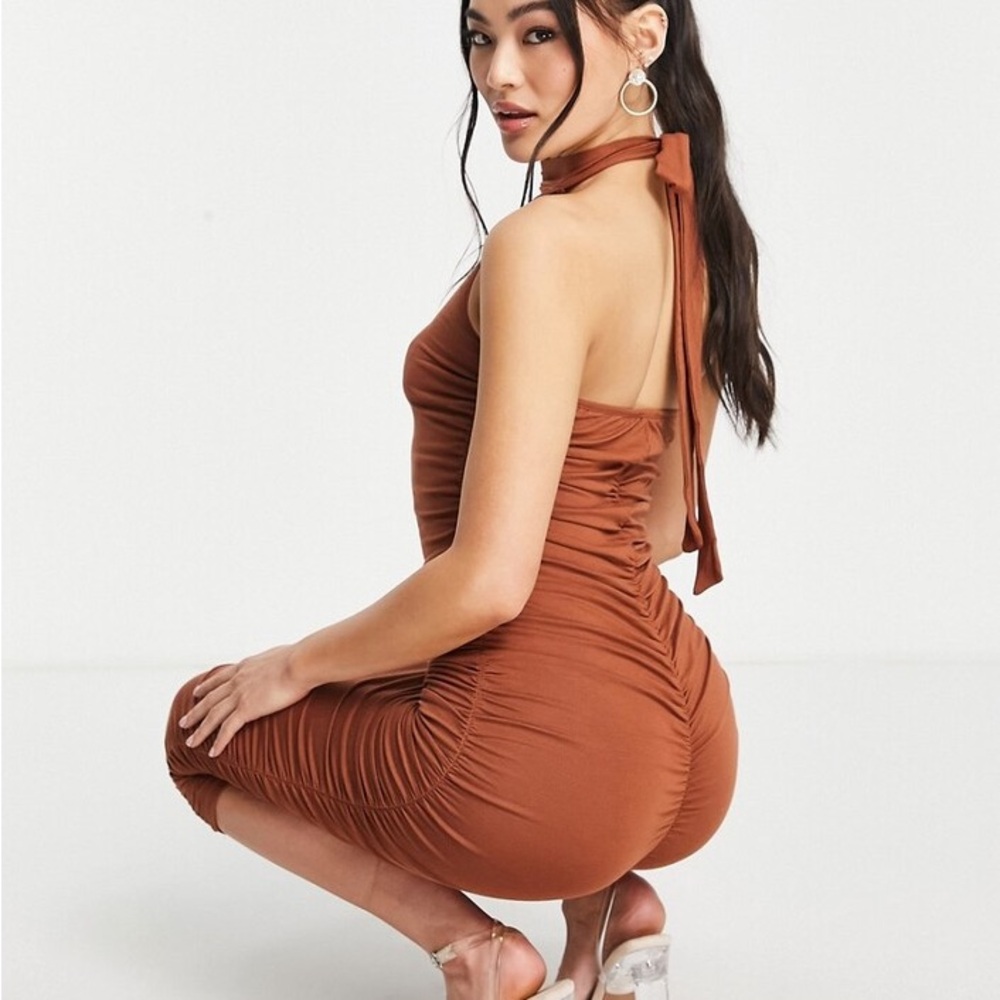 ASOS ruched halter neck midi dress in chocolate brown
